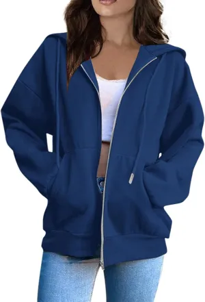 Hoodies for Women Casual Full Zip Up Plush Hoodie Loose Solid Sweatshirt Long Sleeve Jacket with Pockets