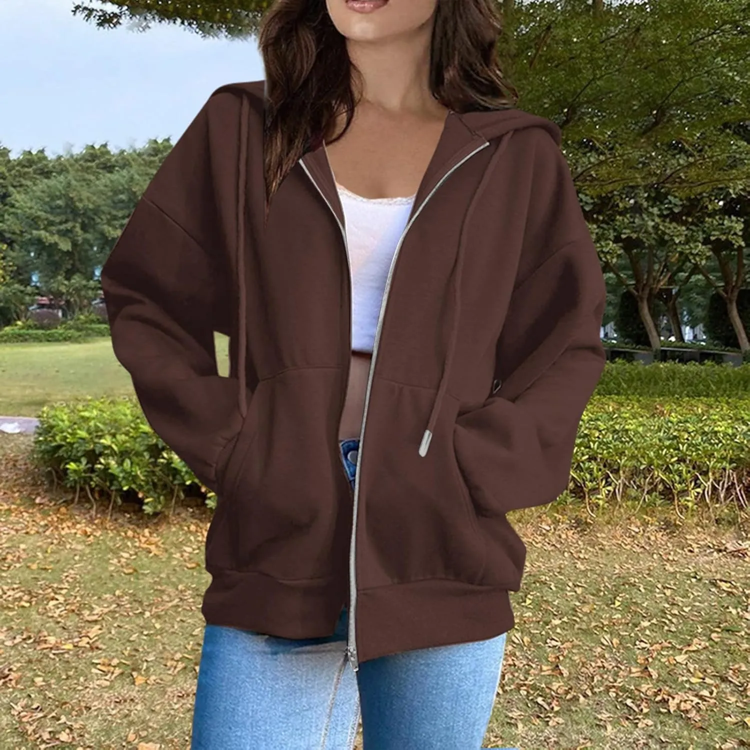 Hoodies for Women Casual Full Zip Up Plush Hoodie Loose Solid Sweatshirt Long Sleeve Jacket with Pockets