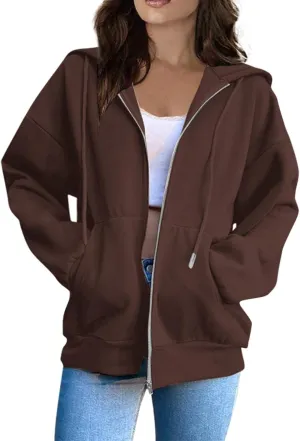 Hoodies for Women Casual Full Zip Up Plush Hoodie Loose Solid Sweatshirt Long Sleeve Jacket with Pockets