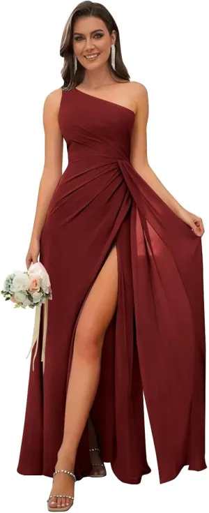 IIF One Shoulder Bridesmaid Dresses for Wedding Ruched Chiffon Long Prom Formal Gown with Slit IIF085