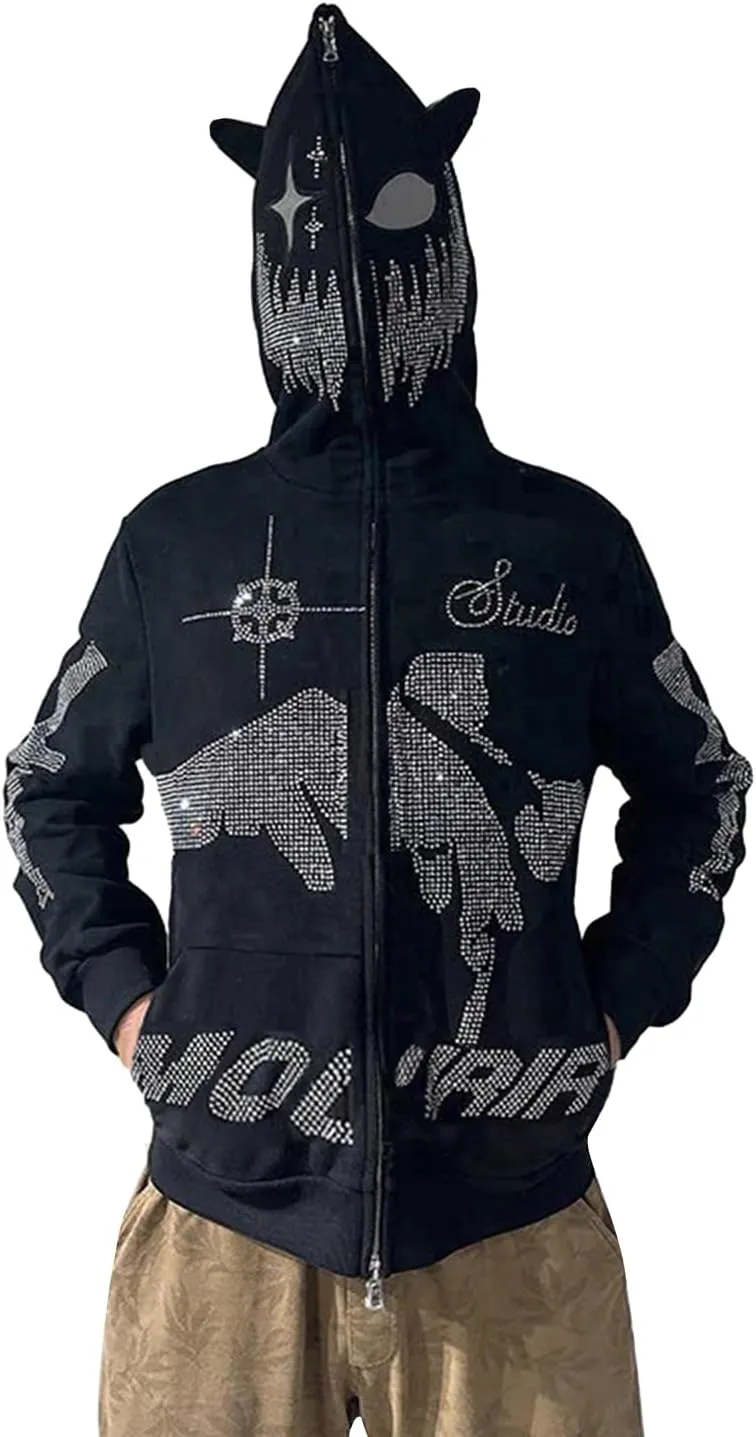 iTranyee Women Y2k Grunge Zipper Hoodies Halloween Goth Oversized Hooded Sweatshirt Punk Vintage Jacket Outwear