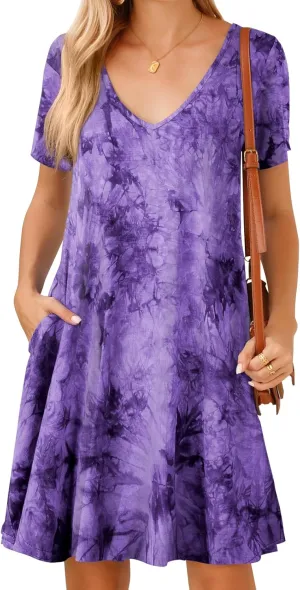 JollieLovin Women T Shirt Plus Size Summer Swing Dresses Short Sleeve V Neck Loose Casual Dress