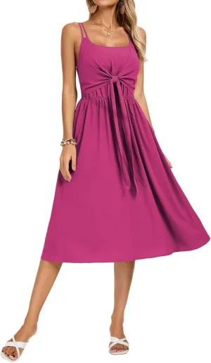 Kate Kasin Women Summer Spaghetti Strap Midi Dress with Pockets Square Neck Tie Front Smocked Back Casual Boho Beach Sundress