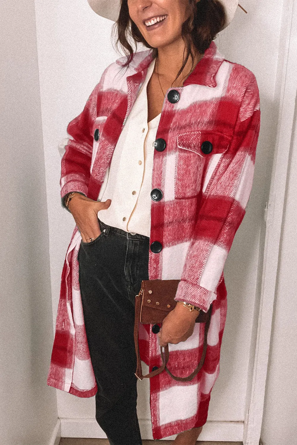 Khaki Shirt Collar Button Closure Plaid Coat