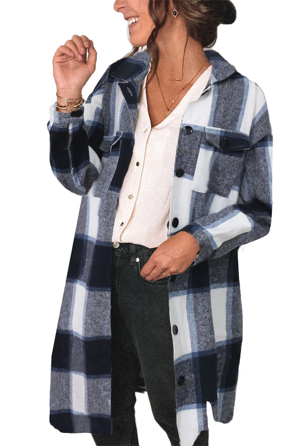 Khaki Shirt Collar Button Closure Plaid Coat