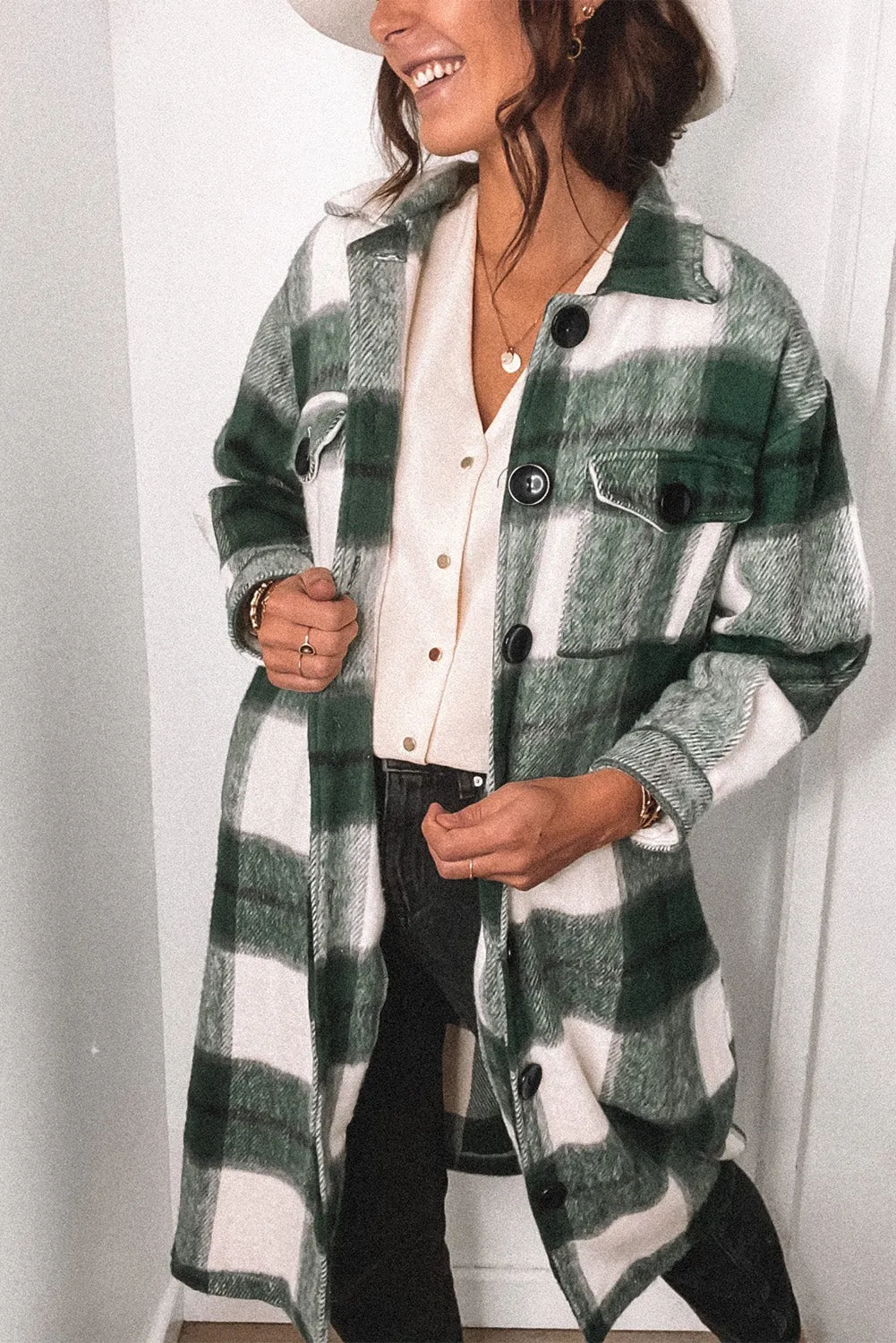 Khaki Shirt Collar Button Closure Plaid Coat