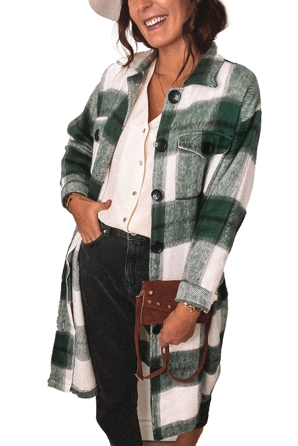 Khaki Shirt Collar Button Closure Plaid Coat