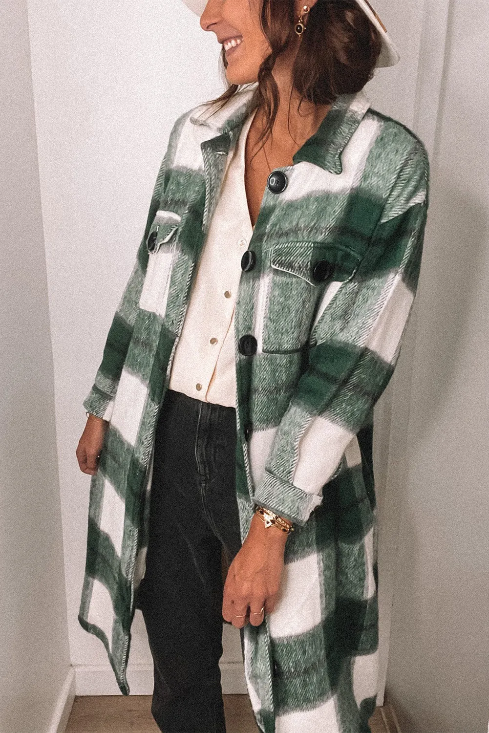 Khaki Shirt Collar Button Closure Plaid Coat