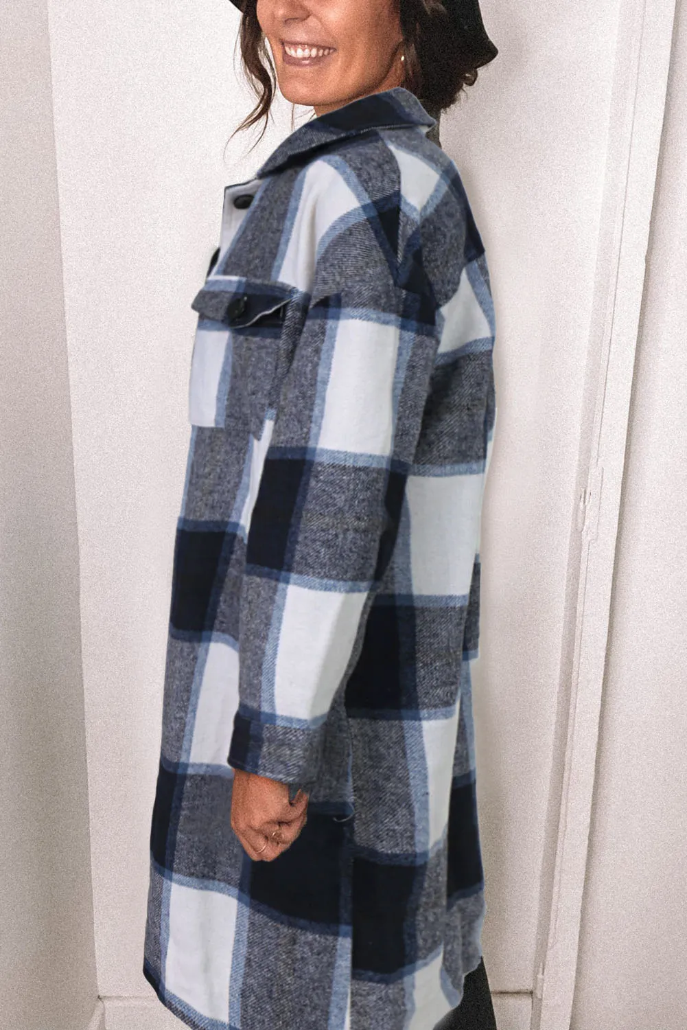 Khaki Shirt Collar Button Closure Plaid Coat
