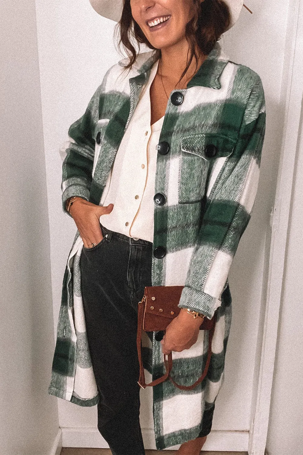 Khaki Shirt Collar Button Closure Plaid Coat