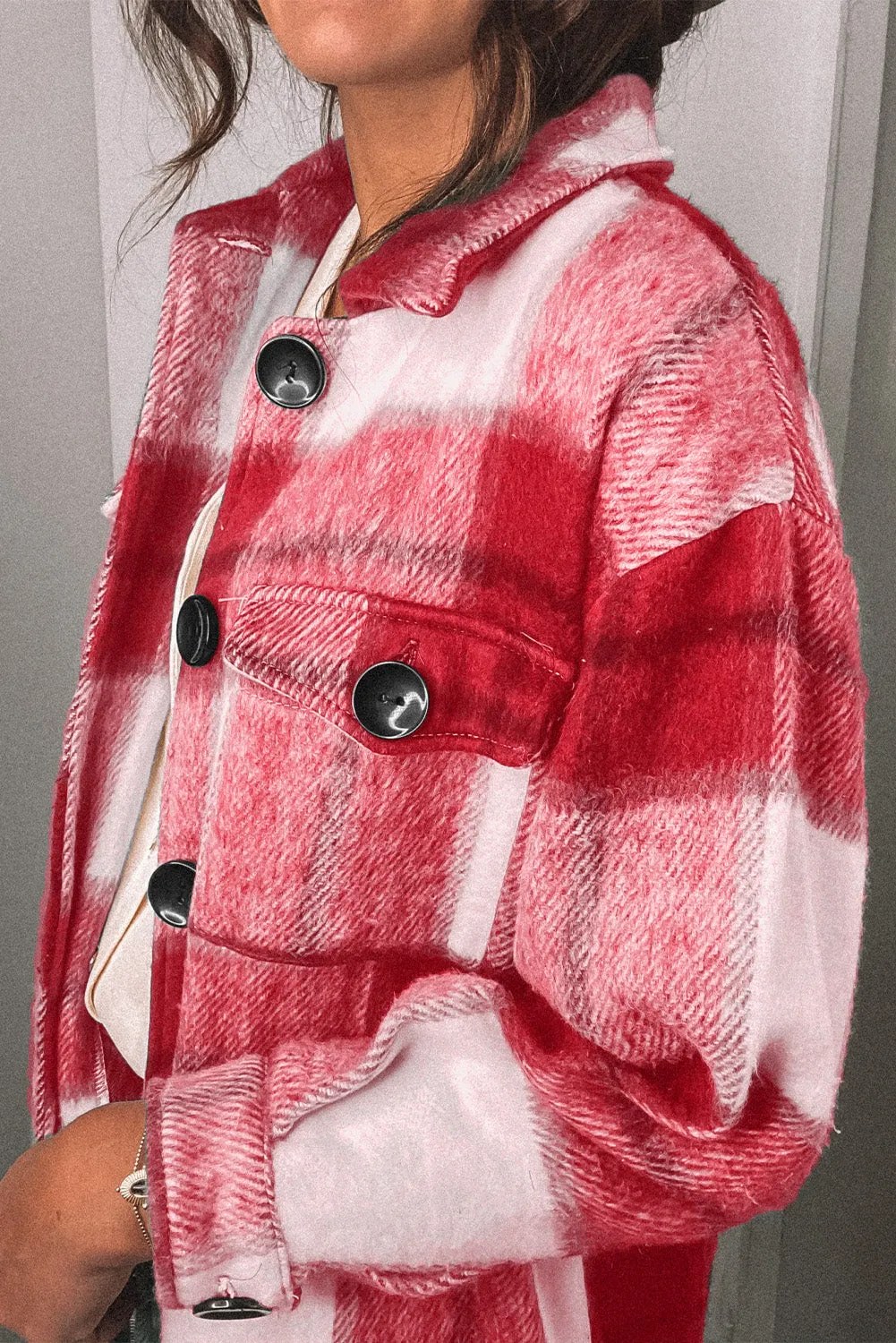 Khaki Shirt Collar Button Closure Plaid Coat