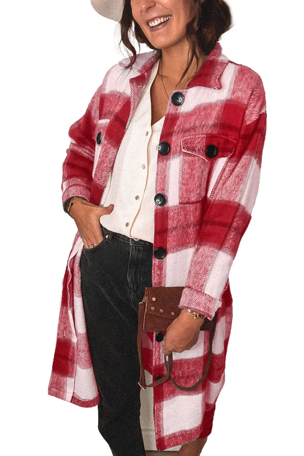 Khaki Shirt Collar Button Closure Plaid Coat