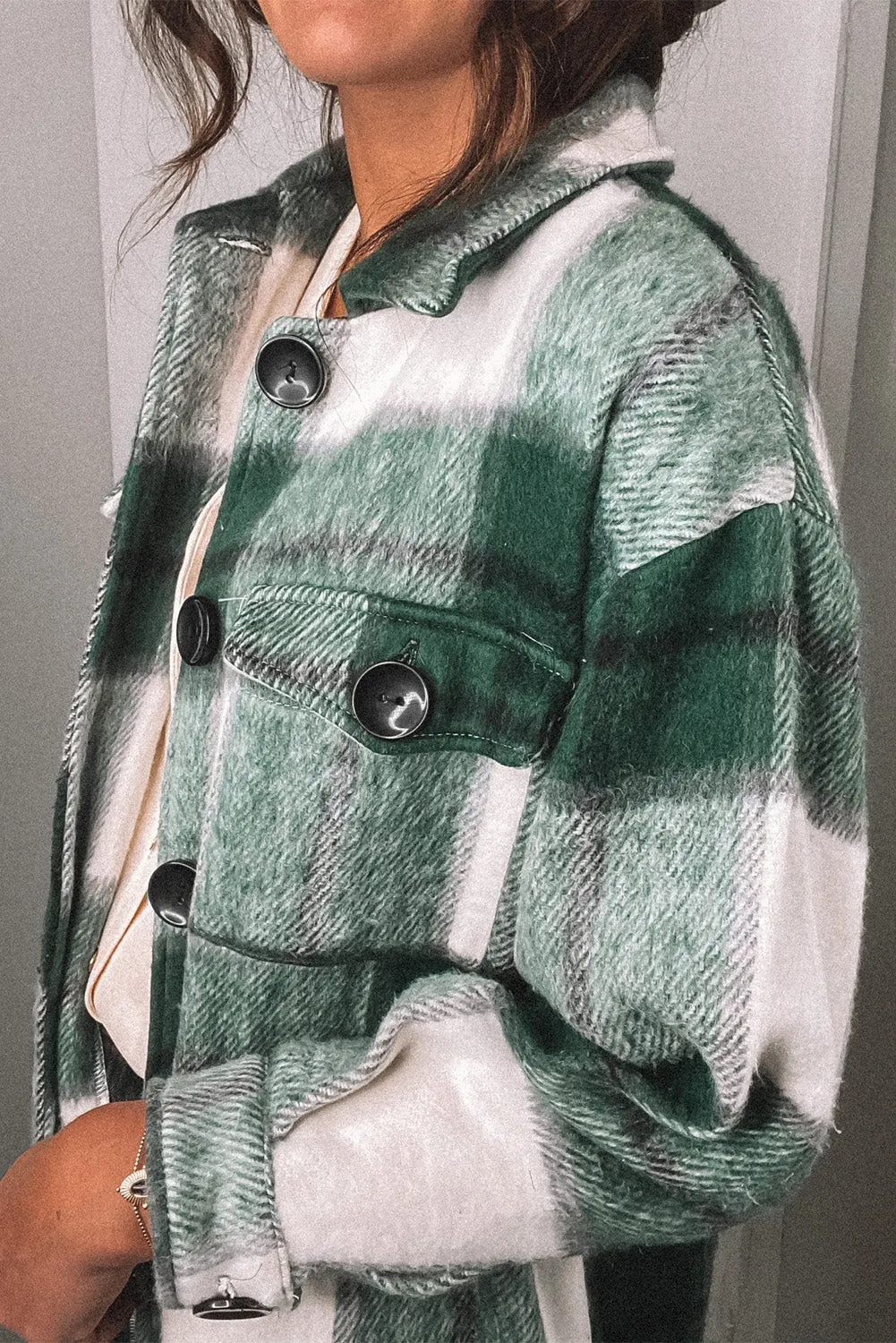 Khaki Shirt Collar Button Closure Plaid Coat