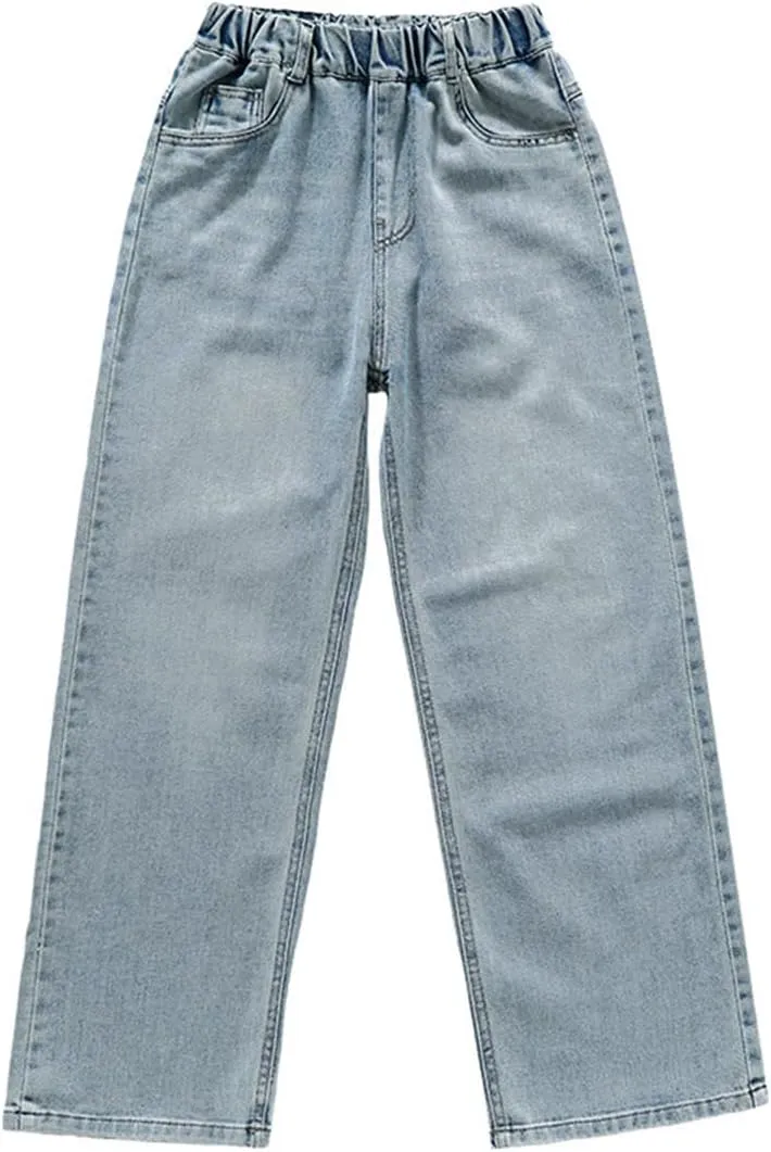 Kids Girls Baggy Jeans Casual Wide Leg High Waist Denim Pants Size 5-14 Years