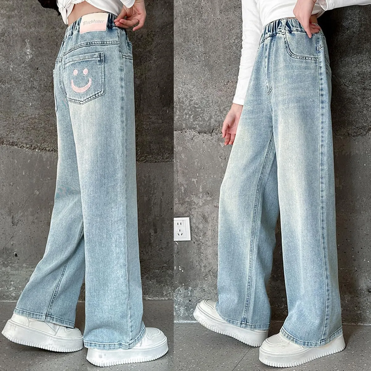 Kids Girls Baggy Jeans Casual Wide Leg High Waist Denim Pants Size 5-14 Years