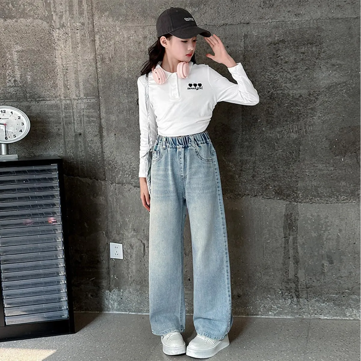 Kids Girls Baggy Jeans Casual Wide Leg High Waist Denim Pants Size 5-14 Years
