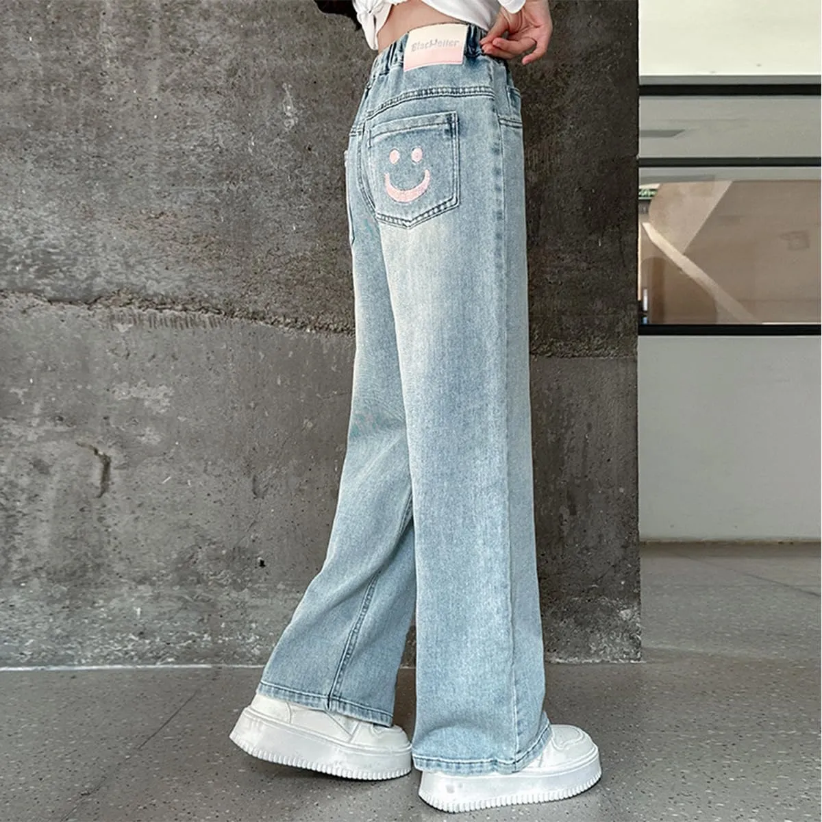 Kids Girls Baggy Jeans Casual Wide Leg High Waist Denim Pants Size 5-14 Years