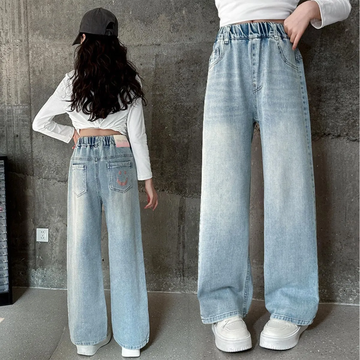 Kids Girls Baggy Jeans Casual Wide Leg High Waist Denim Pants Size 5-14 Years