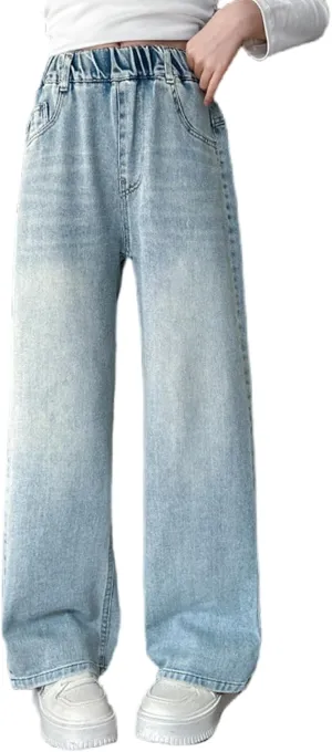 Kids Girls Baggy Jeans Casual Wide Leg High Waist Denim Pants Size 5-14 Years