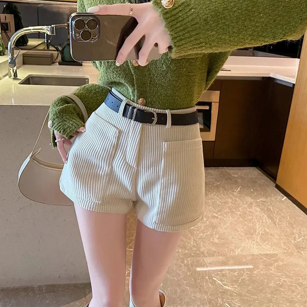 Korean Chic Corduroy Short with Pocket for Office Lady