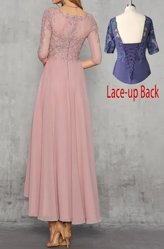 Lace Applique Mother of The Bride Dresses for Women Chiffon 2024 Tea Length 3/4 Sleeve Formal Evening Gown for Wedding
