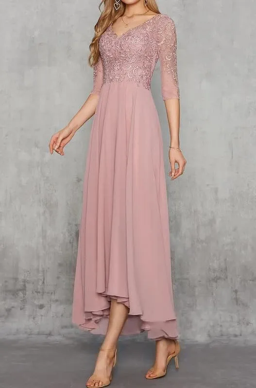 Lace Applique Mother of The Bride Dresses for Women Chiffon 2024 Tea Length 3/4 Sleeve Formal Evening Gown for Wedding