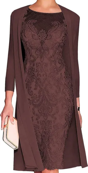 Lace Mother of The Bride Dresses Knee Length Wedding Guest Dress with Sleeves Crew Neck Bodycon Formal Evening Gown