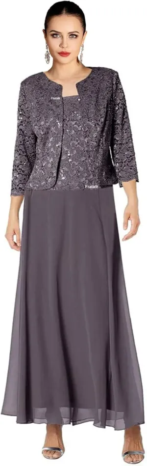 Lace Mother of The Bride Dresses with Jacket 2 Pieces Formal Evening Dress Long Chiffon Evening Gown