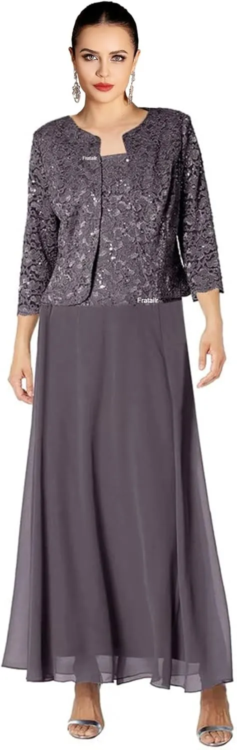 Lace Mother of The Bride Dresses with Jacket 2 Pieces Formal Evening Dress Long Chiffon Evening Gown