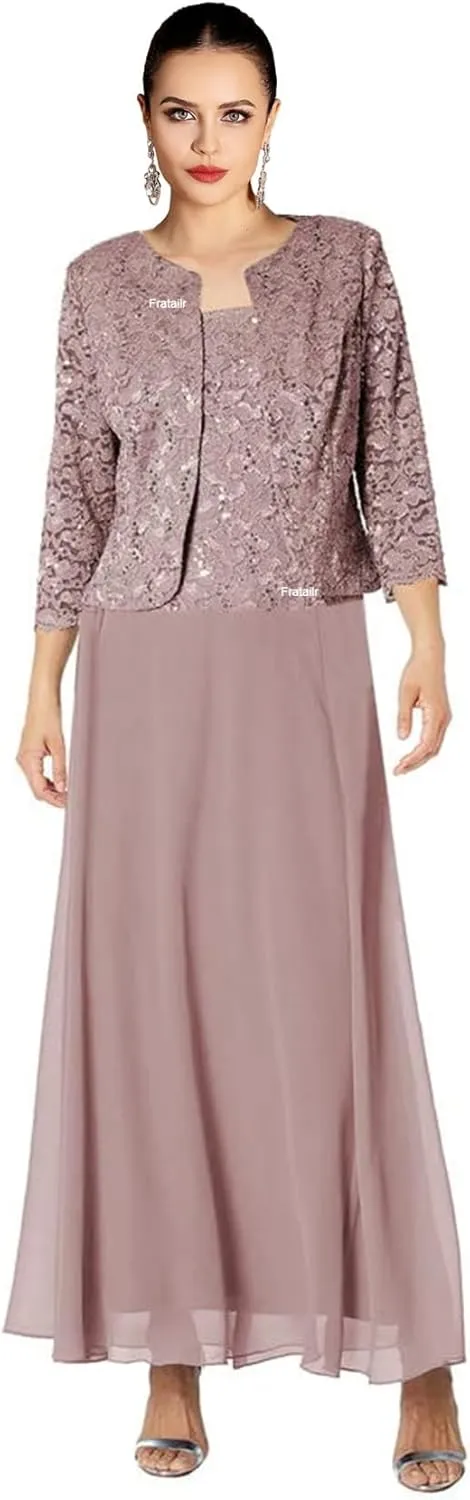 Lace Mother of The Bride Dresses with Jacket 2 Pieces Formal Evening Dress Long Chiffon Evening Gown