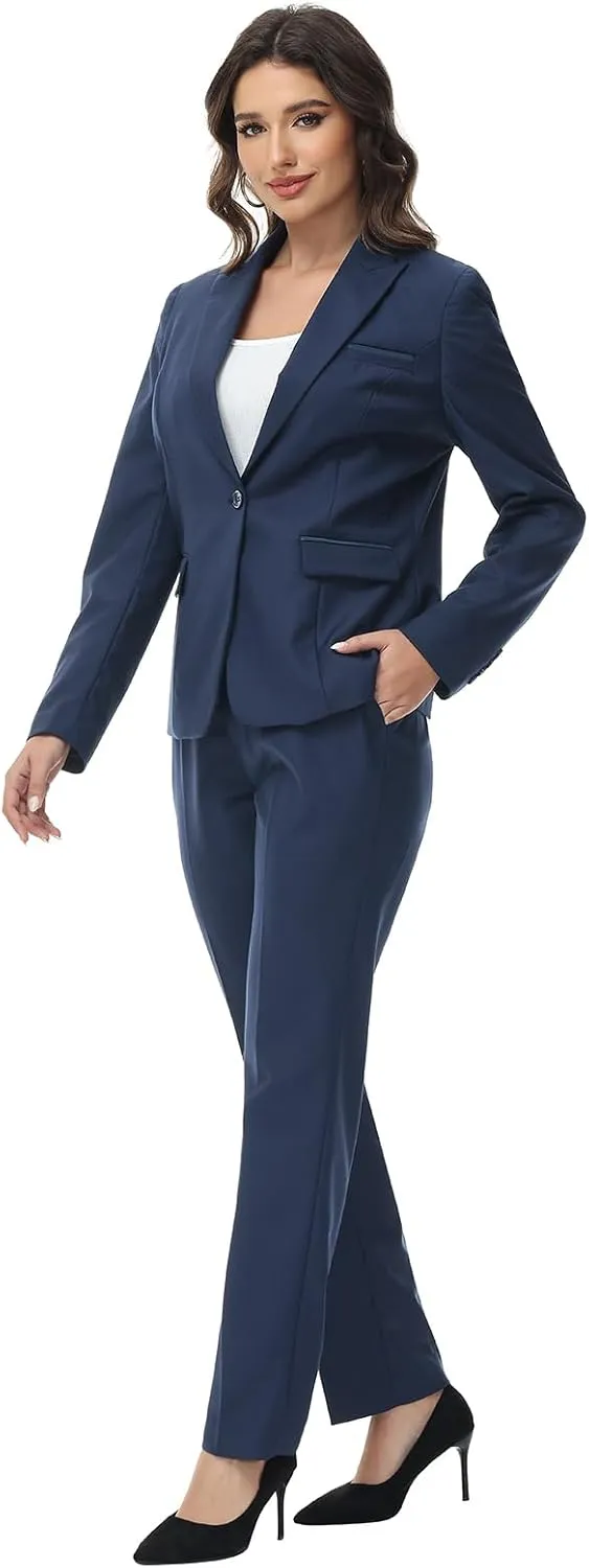 Lamgool Womens Suit 2 Piece Set Business One Button Peak Lapel Blazer Jacket with Pants for Office Ladies
