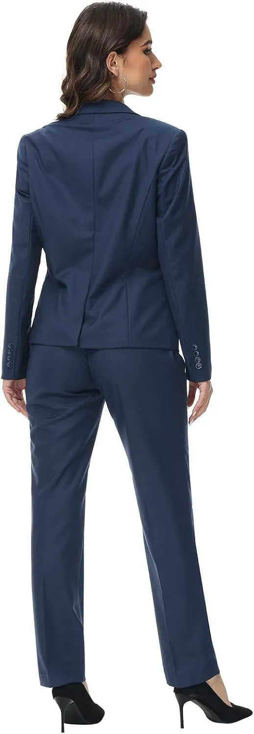 Lamgool Womens Suit 2 Piece Set Business One Button Peak Lapel Blazer Jacket with Pants for Office Ladies