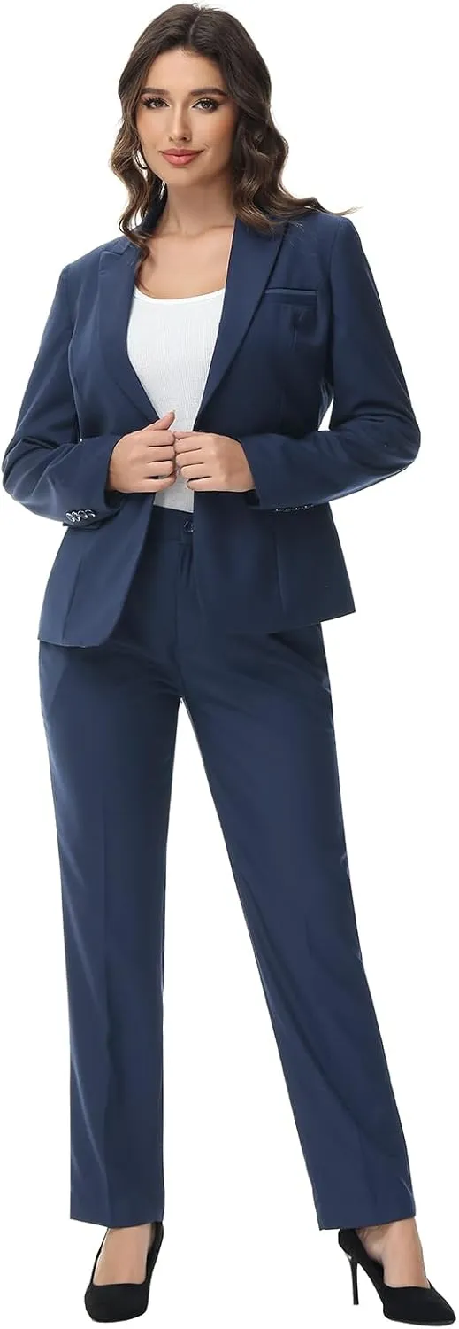 Lamgool Womens Suit 2 Piece Set Business One Button Peak Lapel Blazer Jacket with Pants for Office Ladies