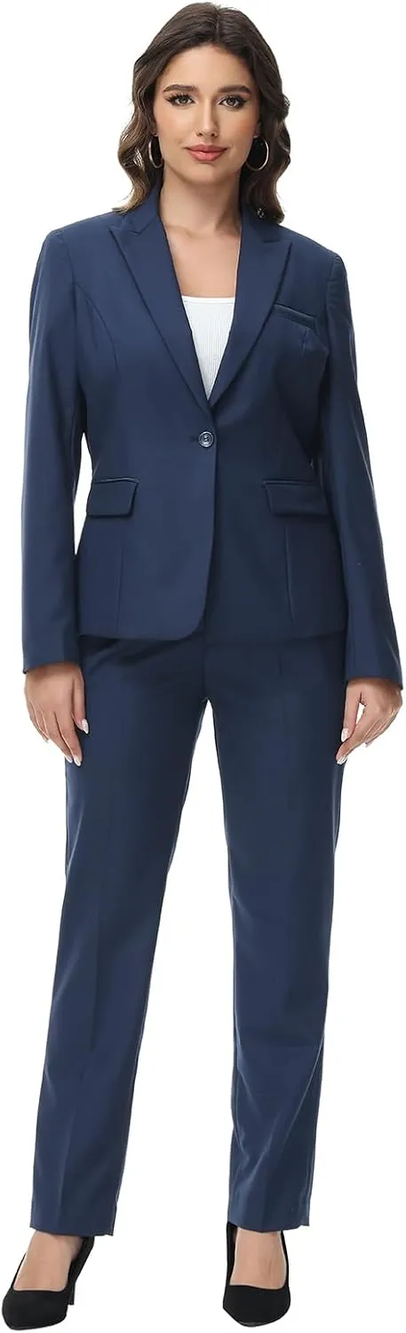 Lamgool Womens Suit 2 Piece Set Business One Button Peak Lapel Blazer Jacket with Pants for Office Ladies