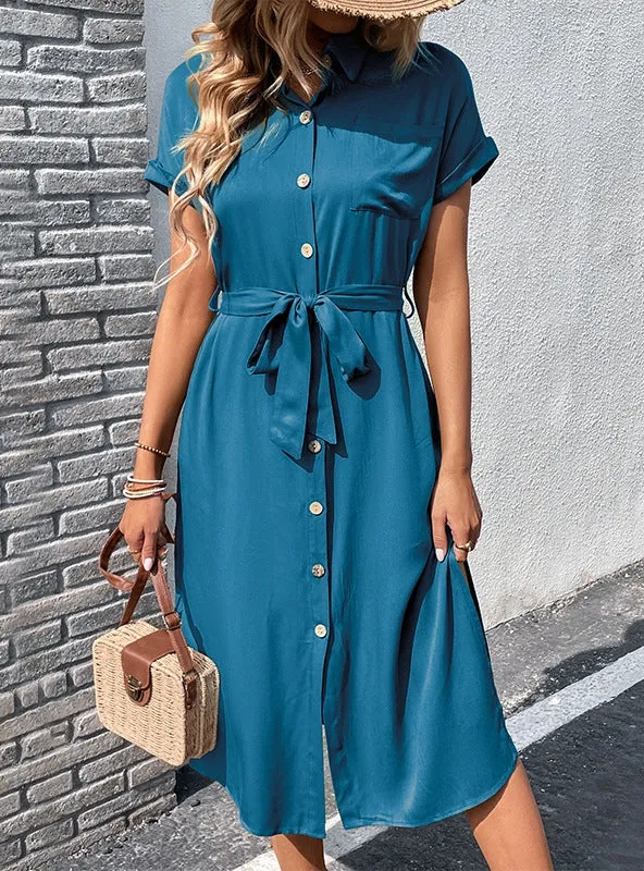 Lapel Solid Color Shirt Dress