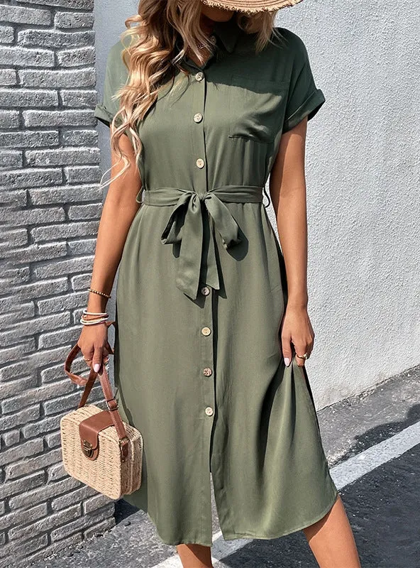 Lapel Solid Color Shirt Dress