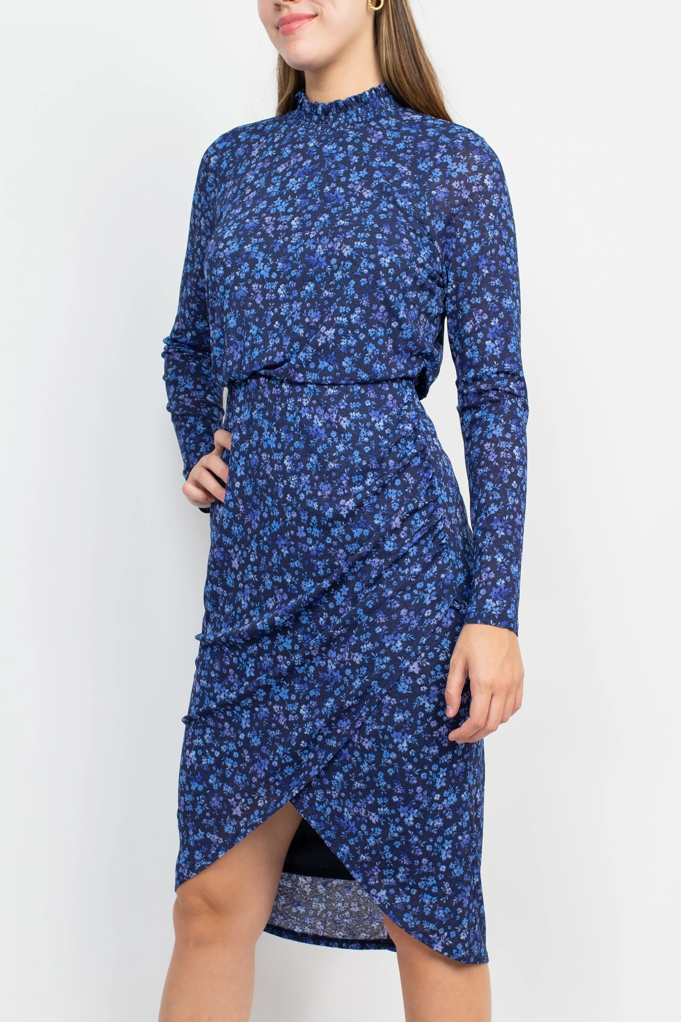 Laundry High neck Long Sleeve Blouson Keyhole Back Multi Print Chiffon Dress