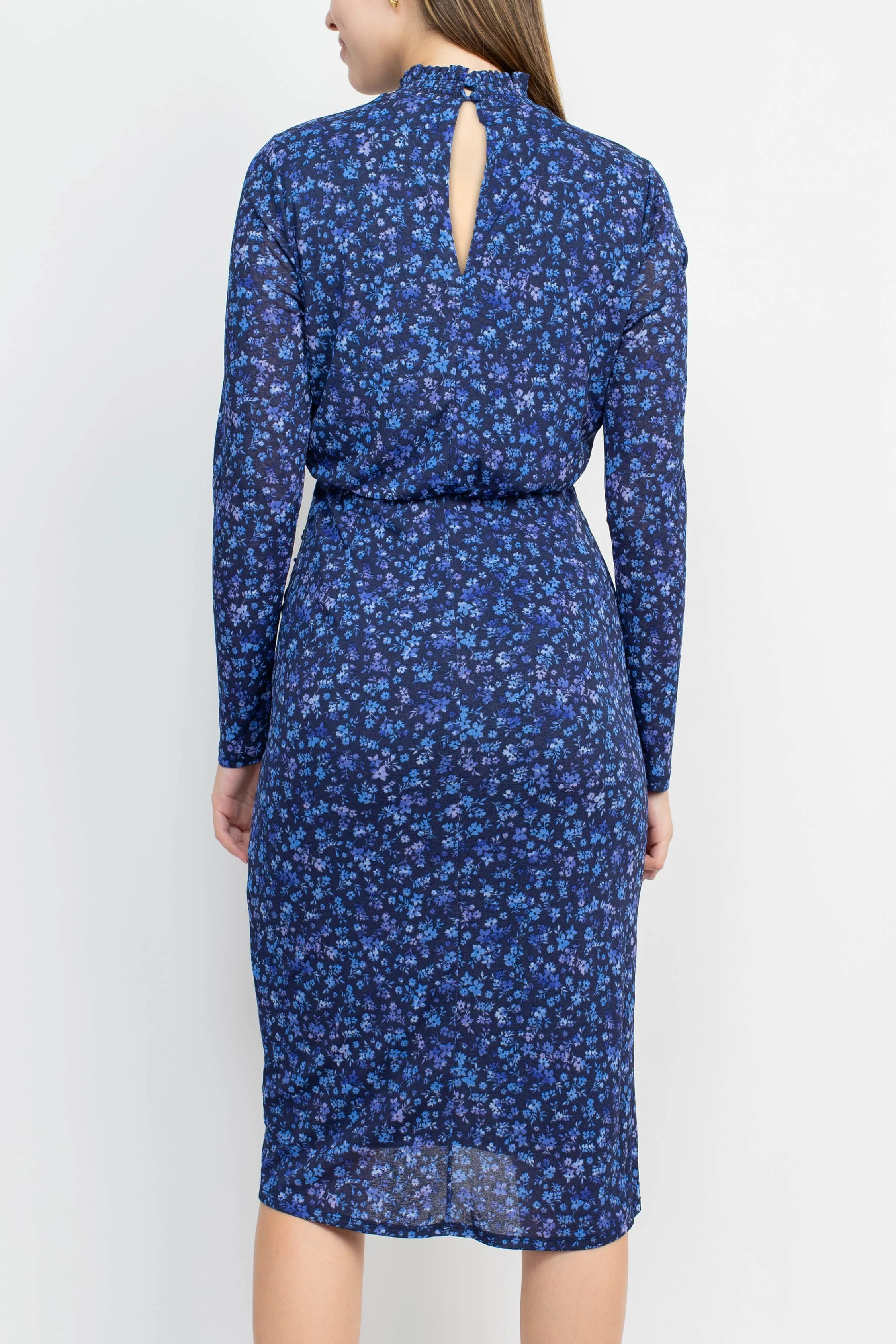 Laundry High neck Long Sleeve Blouson Keyhole Back Multi Print Chiffon Dress