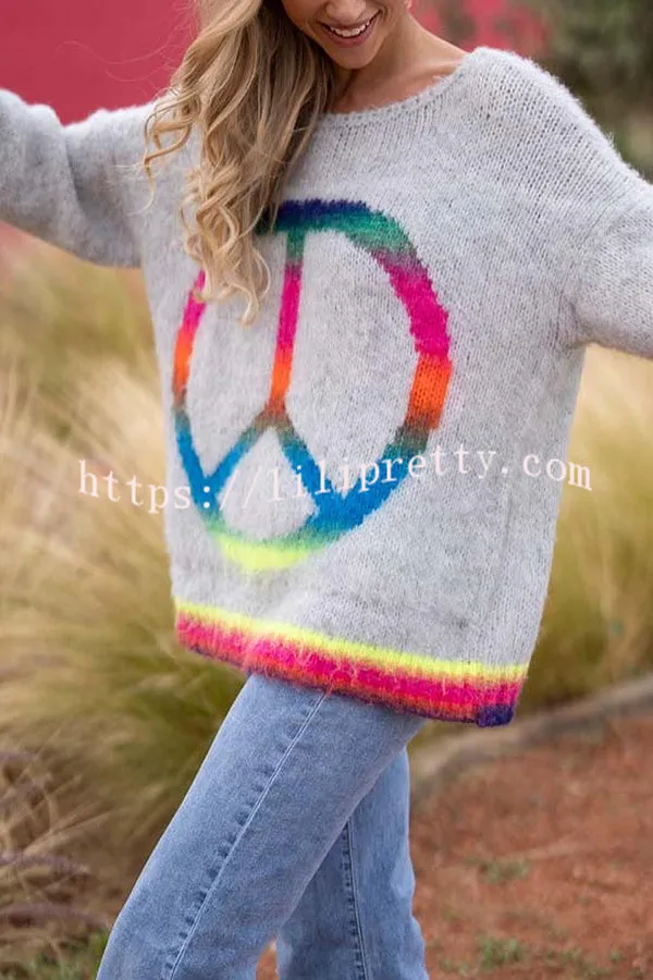 Lilipretty Love and Peace Knit Rainbow Pattern Loose Pullover Sweater