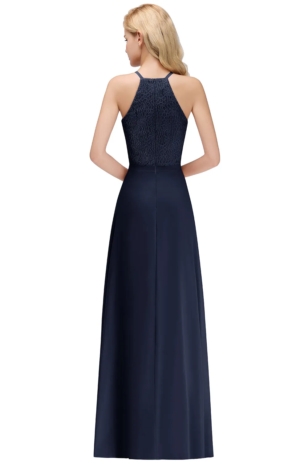 Long A Line Halter Chiffon Floor Length Floral Lace Evening Dress