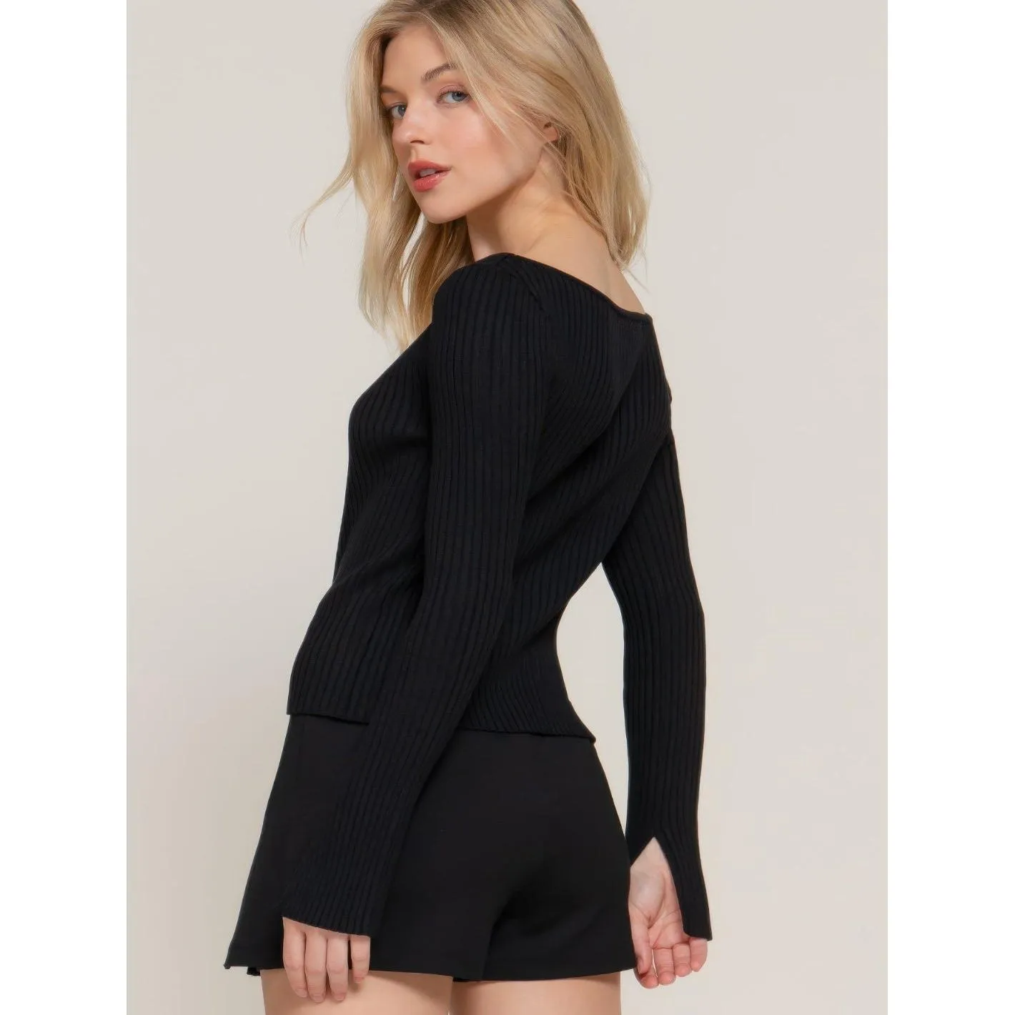 Long Sleeve Boat Neck Black Sweater