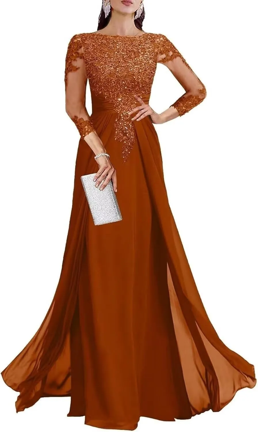 Long Sleeve Mother of The Bride Dresses for Women Lace Appliques Chiffon Formal Evening Gowns