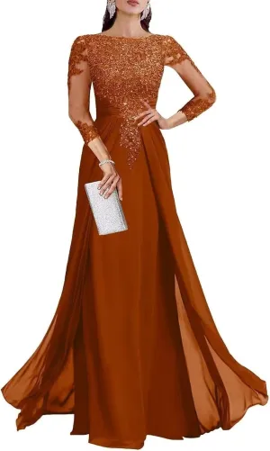 Long Sleeve Mother of The Bride Dresses for Women Lace Appliques Chiffon Formal Evening Gowns