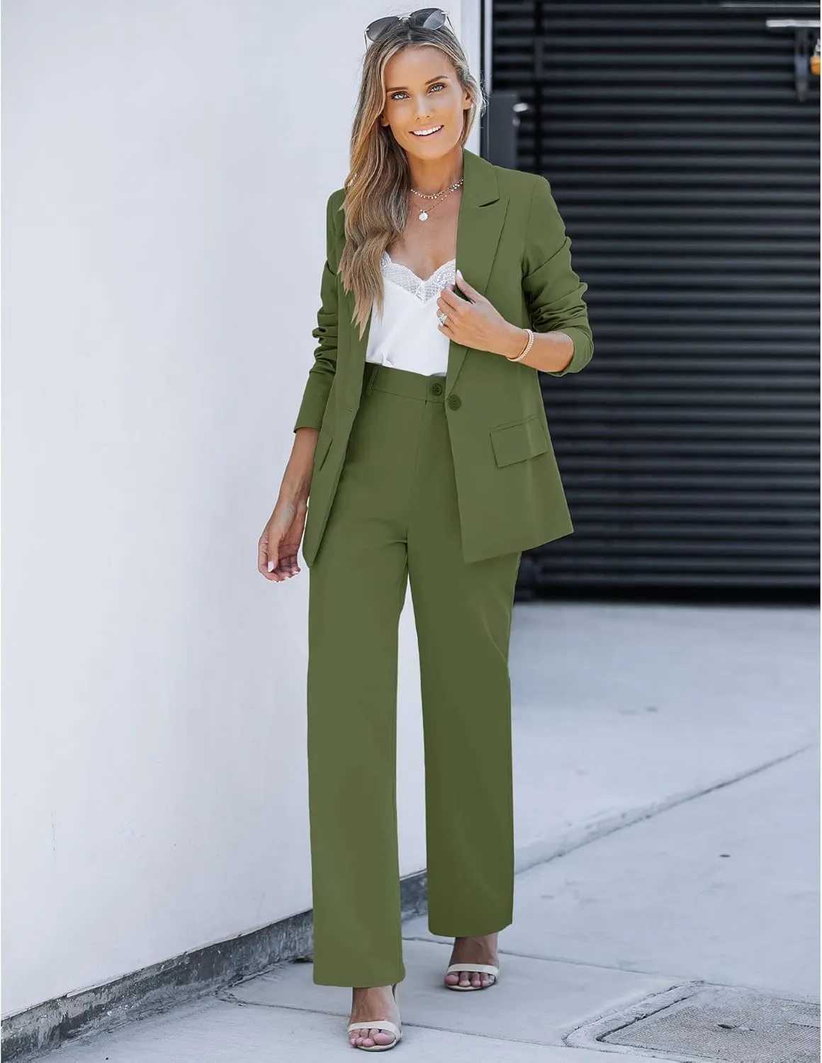 LookbookStore 2 Piece Pant Suits for Women Dressy Blazer High Waisted Straight Leg Pants Sets Business Casual Outfits