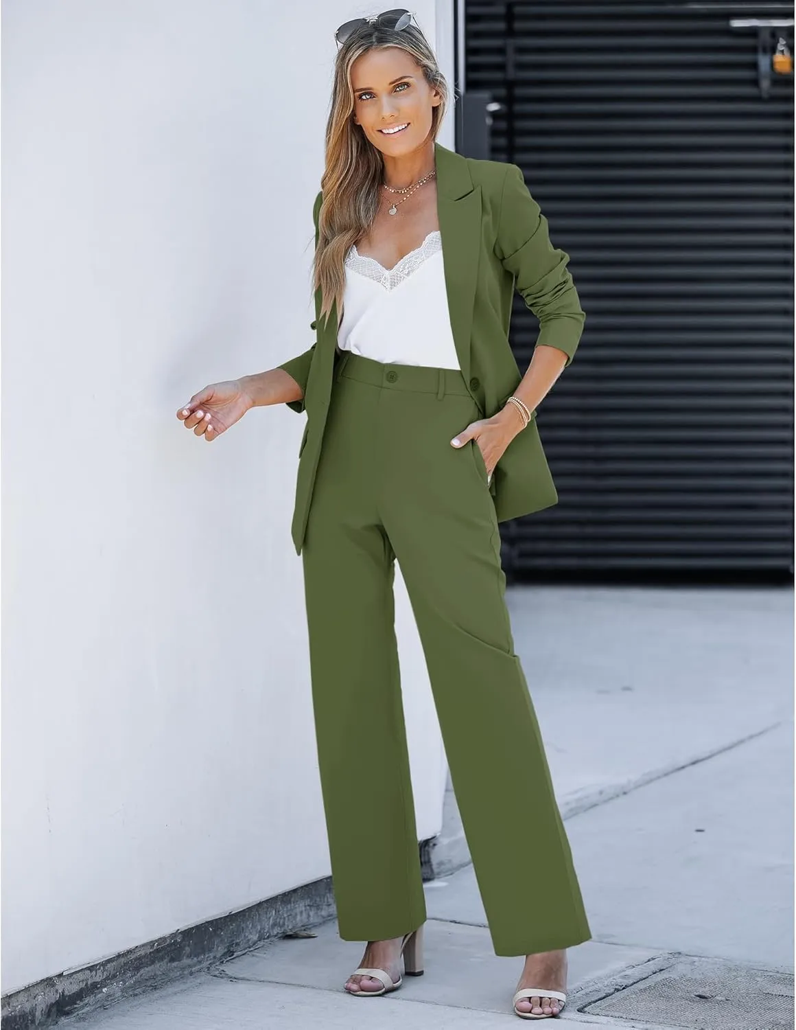 LookbookStore 2 Piece Pant Suits for Women Dressy Blazer High Waisted Straight Leg Pants Sets Business Casual Outfits