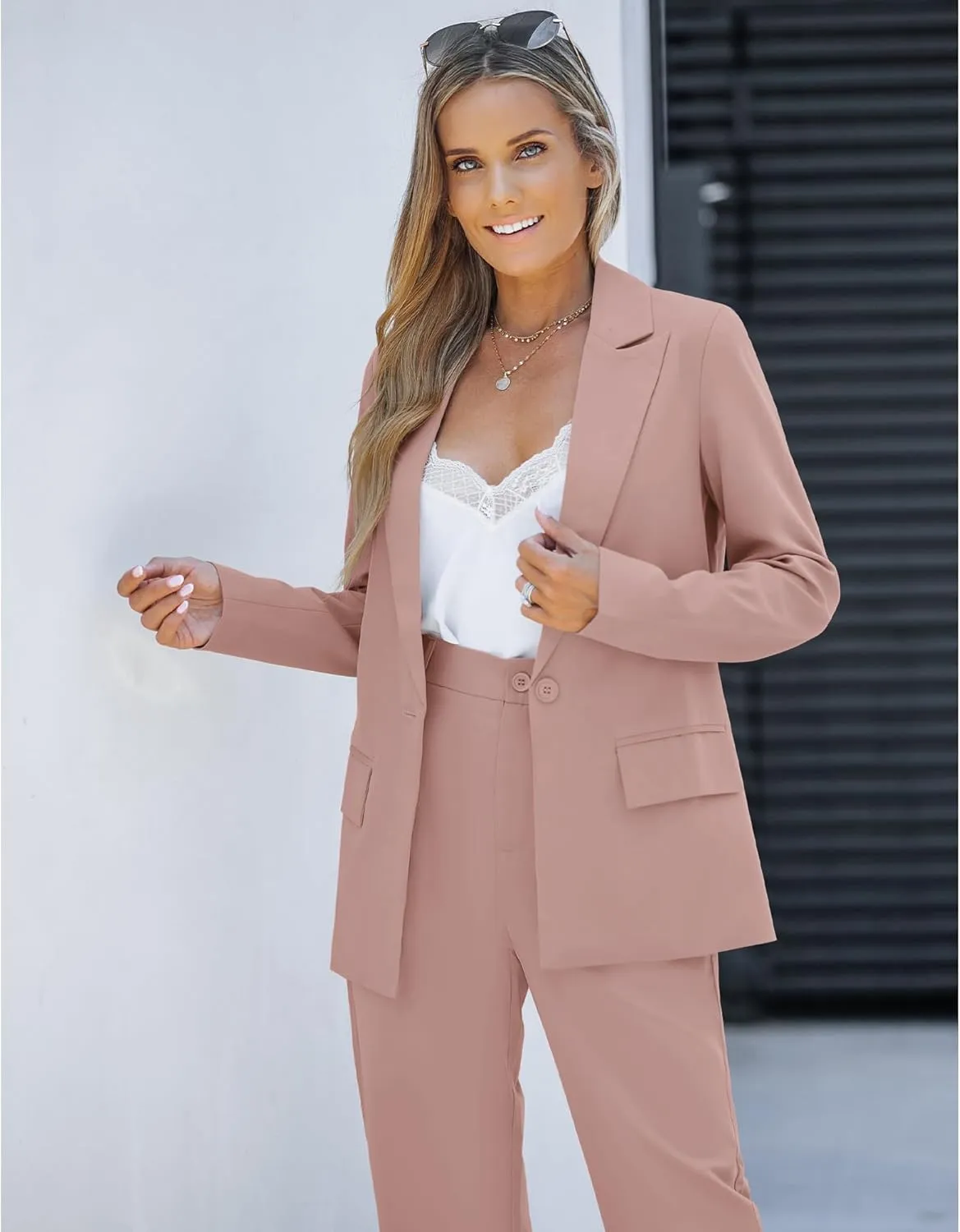 LookbookStore 2 Piece Pant Suits for Women Dressy Blazer High Waisted Straight Leg Pants Sets Business Casual Outfits