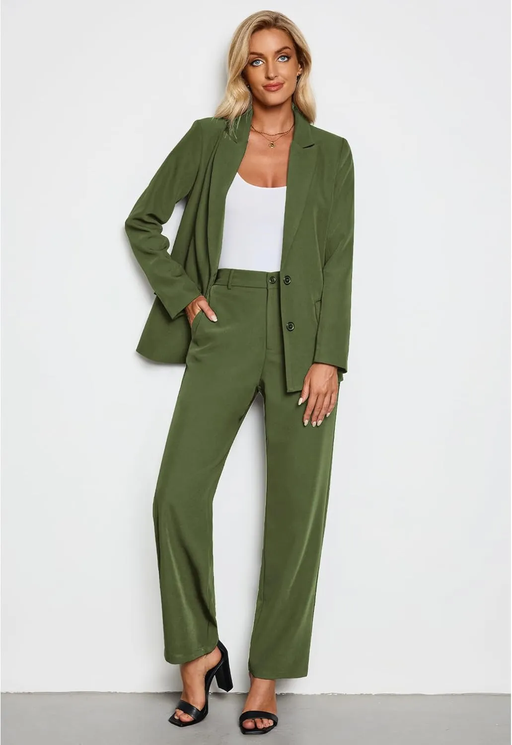 LookbookStore 2 Piece Pant Suits for Women Dressy Blazer High Waisted Straight Leg Pants Sets Business Casual Outfits