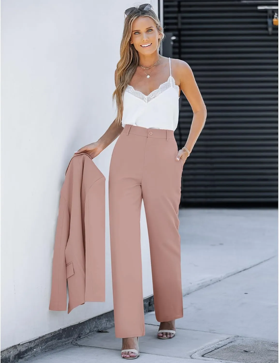 LookbookStore 2 Piece Pant Suits for Women Dressy Blazer High Waisted Straight Leg Pants Sets Business Casual Outfits