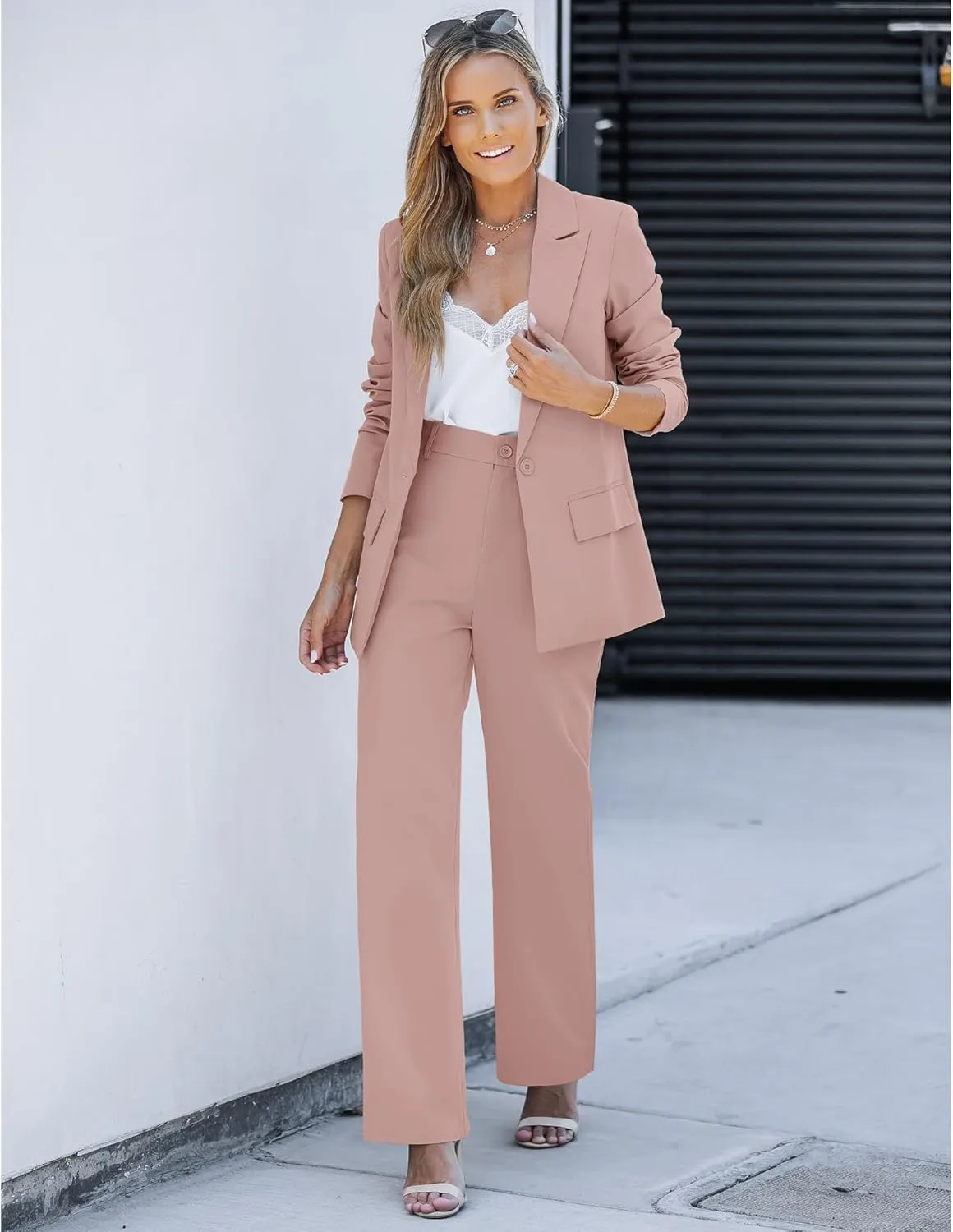 LookbookStore 2 Piece Pant Suits for Women Dressy Blazer High Waisted Straight Leg Pants Sets Business Casual Outfits