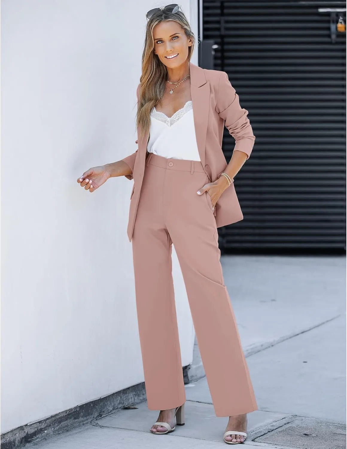 LookbookStore 2 Piece Pant Suits for Women Dressy Blazer High Waisted Straight Leg Pants Sets Business Casual Outfits